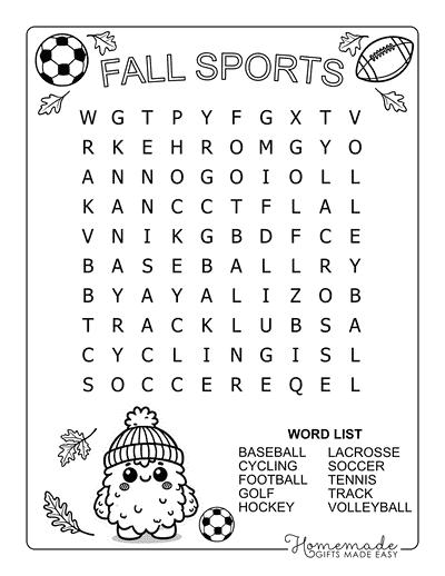 Fall Word Search Sports Easy