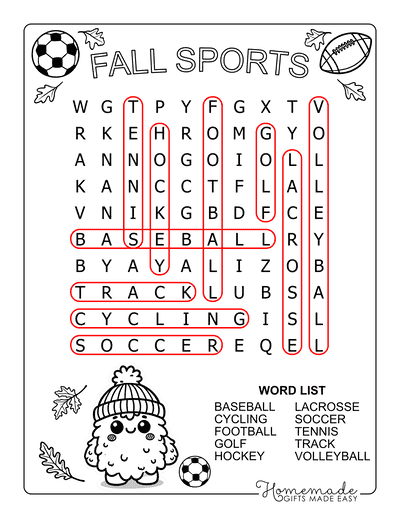 Fall Word Search Sports Easy Answers