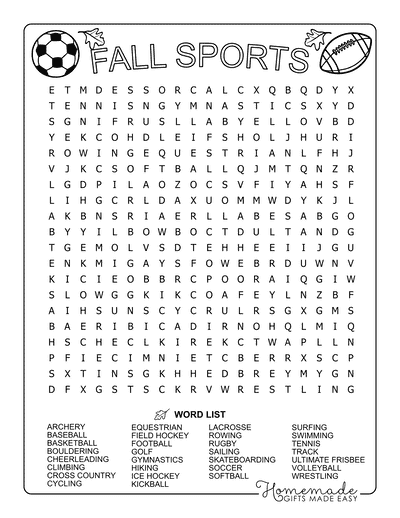 Fall Word Search Sports Hard