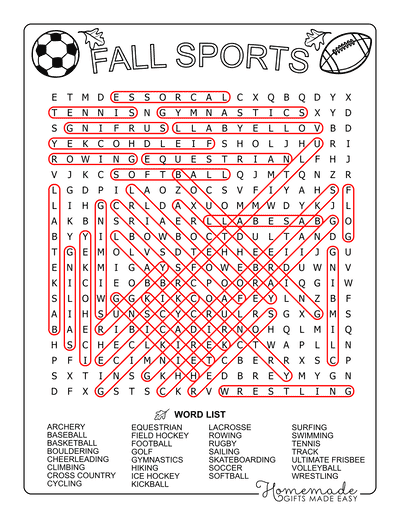 Fall Word Search Sports Hard Answers