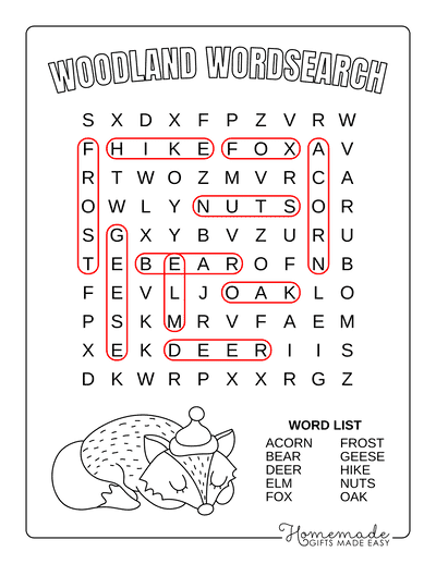 Fall Word Search Woodland Easy Answers