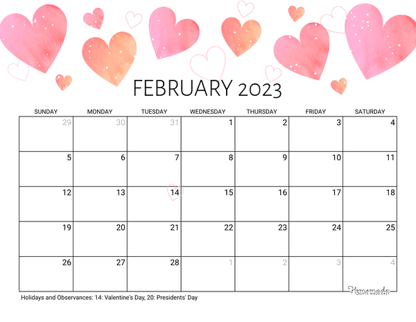 February Calendar 2023 Printable Valentine Landscape