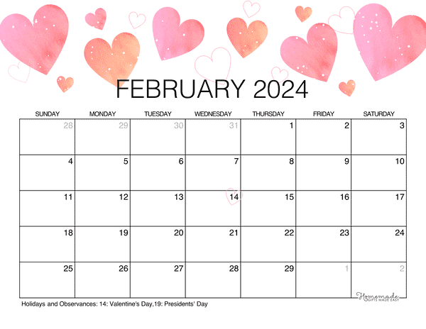 February 2024 Printable Calendar Hearts Denni Felicia