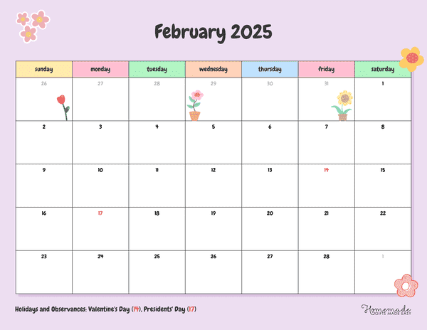 February Calendar 2025 Cute Flowery Pastel