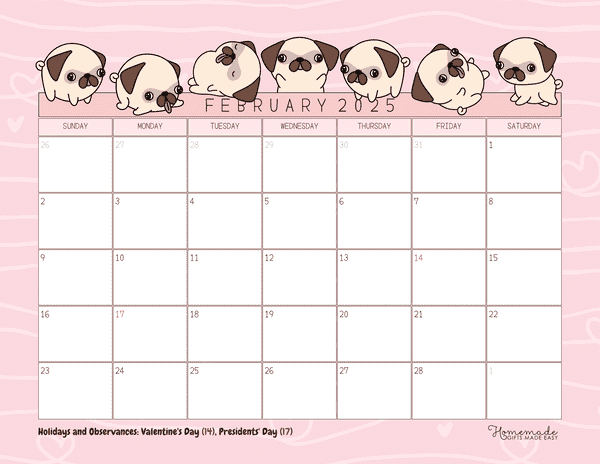 February Calendar 2025 Cute Pink Pug