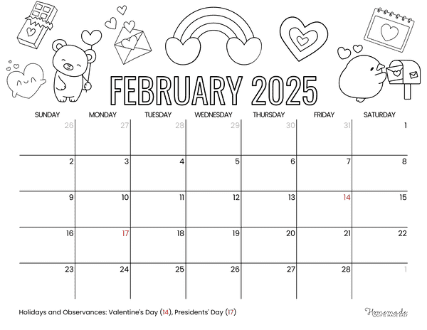 February Calendar 2025 Cute Valentine to Color