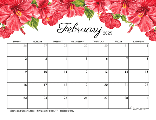 february Calendar 2025 Printable Hibiscus