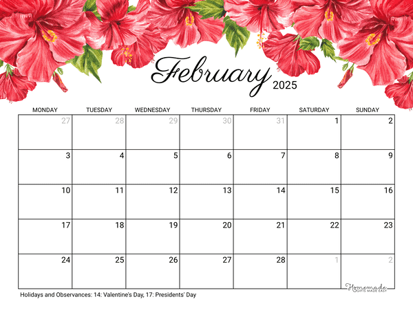 February Calendar 2025 Printable Hibiscus Monday Start