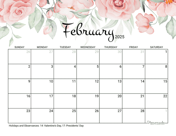 february Calendar 2025 Printable Rose