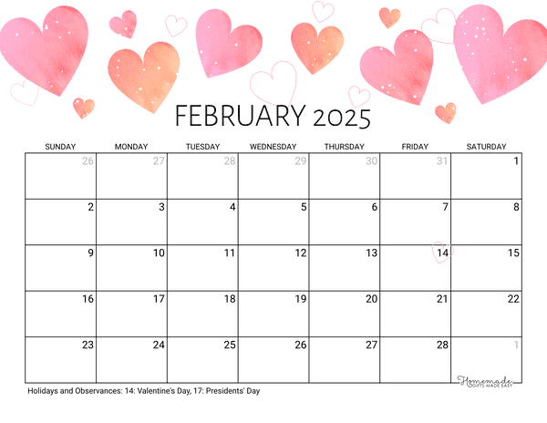 February Calendar 2025 Printable Valentine Landscape
