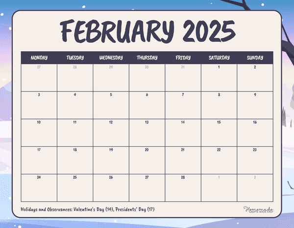 February Calendar 2025 Simple Colorful Winter Mon Start