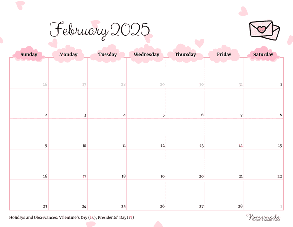 February Calendar 2025 Simple Pink Valentines