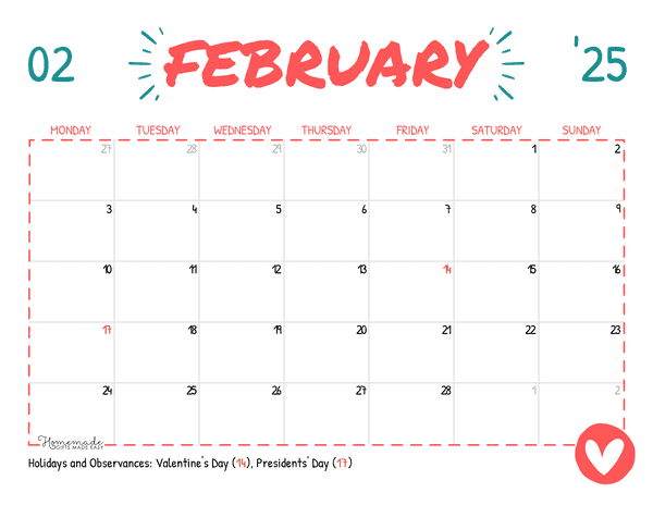 February Calendar 2025 Simple Playful Mon Start