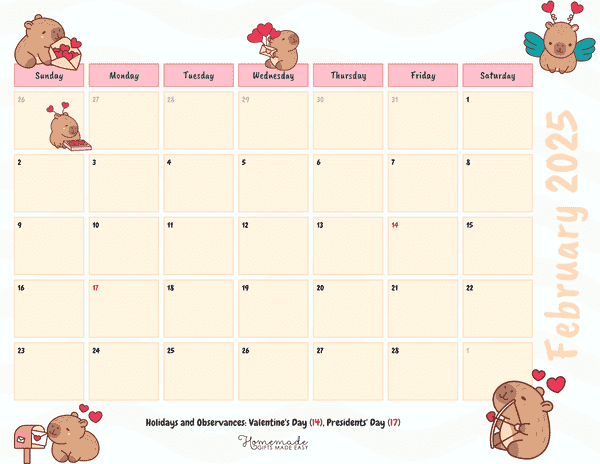 February Calendar 2025 Soft Capybara Valentine