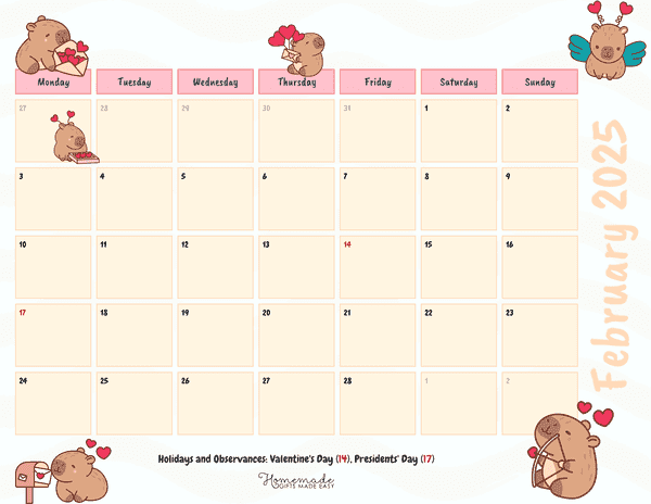 February Calendar 2025 Soft Capybara Valentine Mon Start