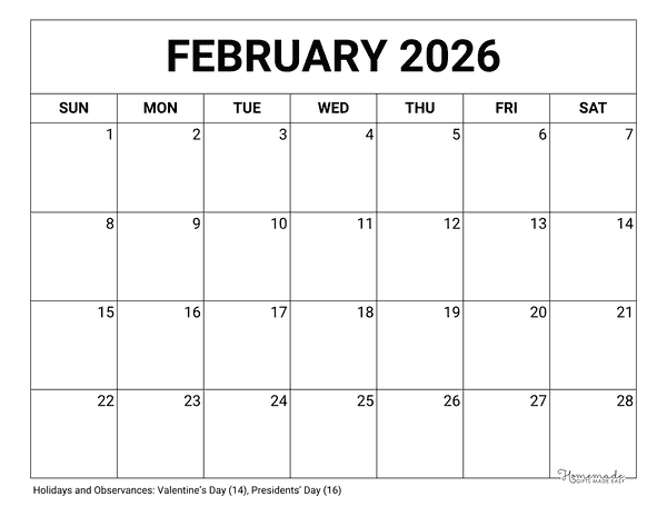 February Calendar 2026 Printable Blank