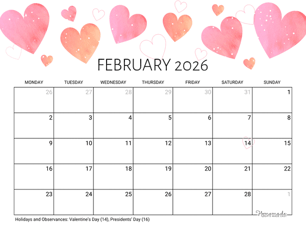 February Calendar 2026 Printable Valentine Landscape Monday Start
