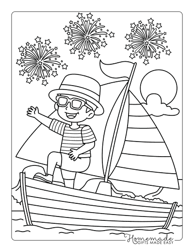 Fourth of July Coloring Pages Cool Boy on a Sailboat With Fireworks Fourth of July Coloring Pages Cool Boy on a Sailboat With Fireworks