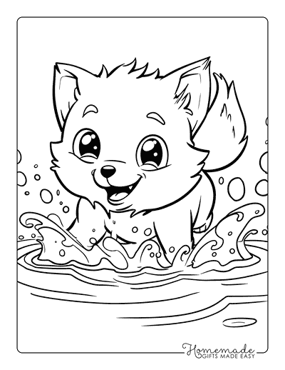 Fox Coloring Pages Baby Fox Splashing in Puddle