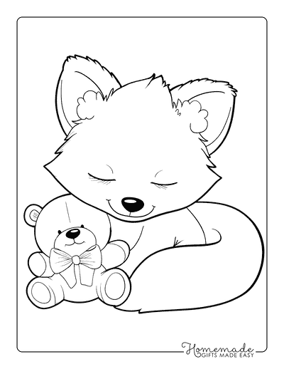 Fox Coloring Pages Kawaii Fox Sleeping With Teddy