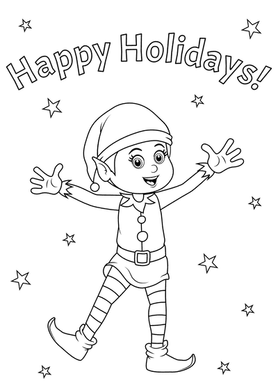 Free Printable Christmas Card to Color Happy Holidays Elf Stars