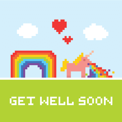 Get Well Soon Cards Rainbow Unicorn Computer Game Style for Kids