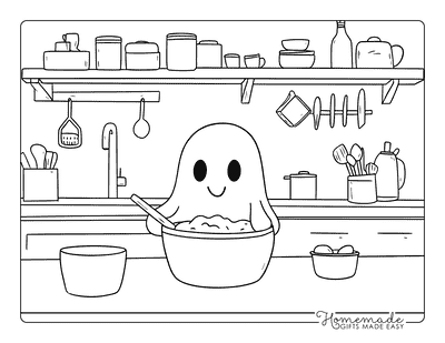 Ghost Coloring Pages Cute Ghost Baking in Kitchen