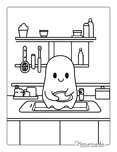 Ghost Coloring Pages Cute Ghost Washing Dishes