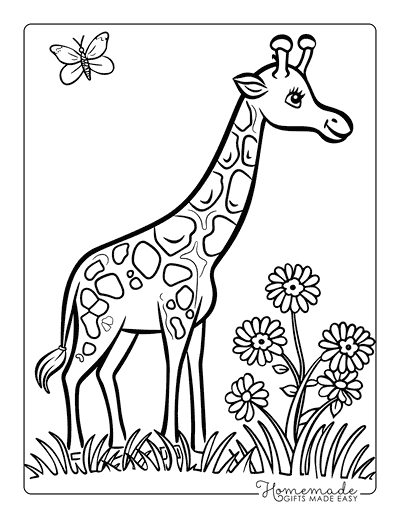 Giraffe Coloring Pages Cute Adult Giraffe and Butterfly