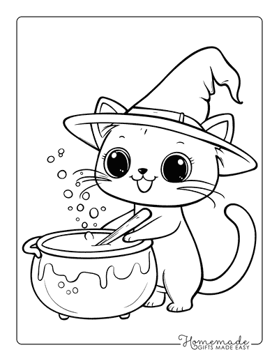 Halloween Coloring Pages Cute Witch Kitten Cauldron