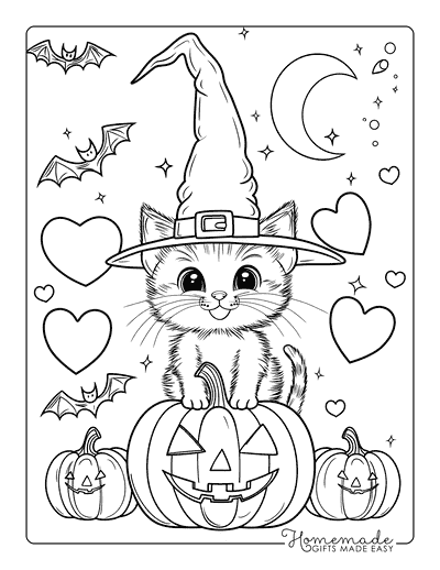 Halloween Coloring Pages Cute Witch Kitten on Pumpkin