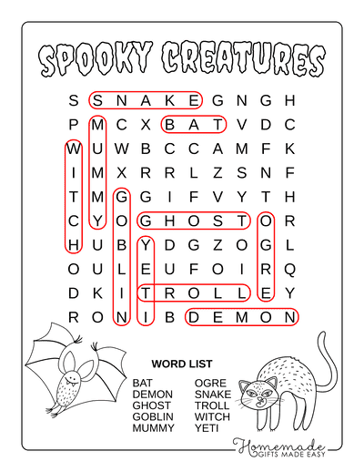Halloween Word Search Spooky Creatures Easy Answers
