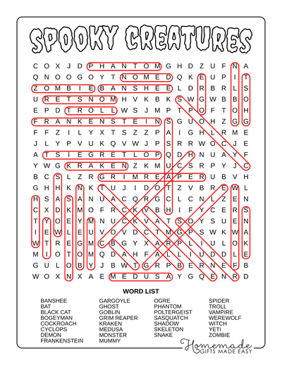 Halloween Word Search Spooky Creatures Hard Answers