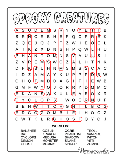 Halloween Word Search Spooky Creatures Medium Answers