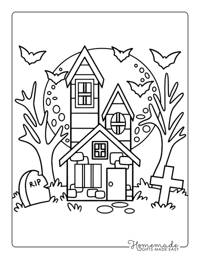 Haunted House Coloring Pages Cute Simple Haunted House With Bats and Graves