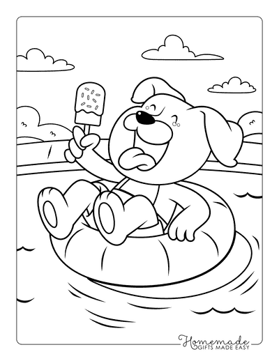 Ice Cream Coloring Pages Fun Summer Cartoon Dog Eating Ice Cream in Pool