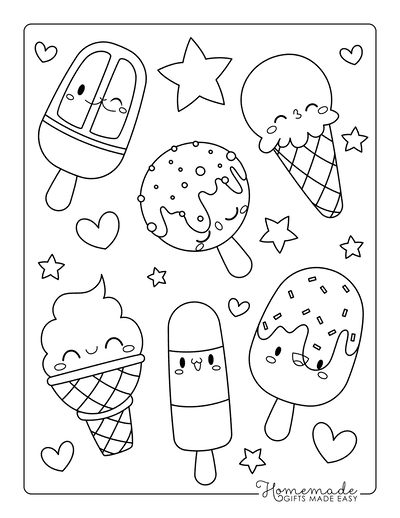 Ice Cream Coloring Pages Kawaii Collection Cute Stars Hearts Sprinkles
