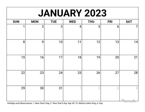 January 2023 2024 Calendar Free Printable With Holidays