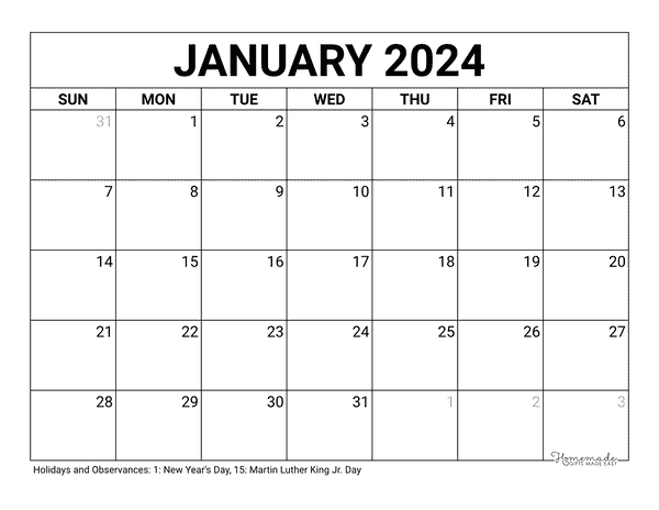 January 2023 2024 Calendar Free Printable With Holidays