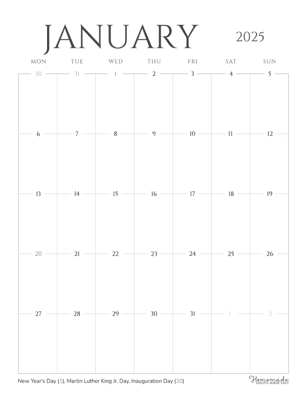 January 2025 Calendar Printable with Holidays