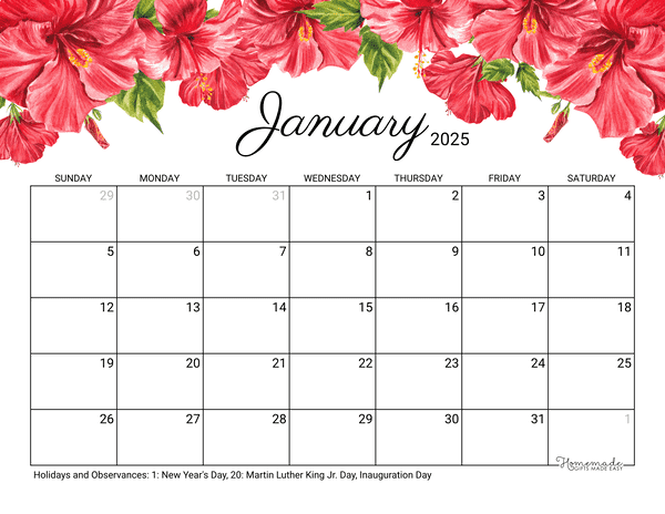 january Calendar 2025 Printable Hibiscus