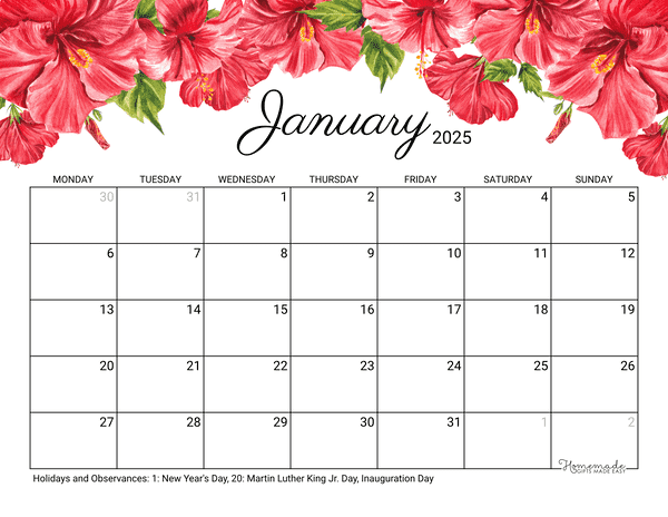 January Calendar 2025 Printable Hibiscus Monday Start