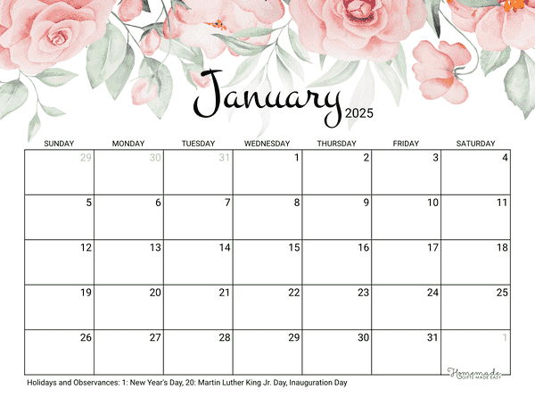 january Calendar 2025 Printable Rose