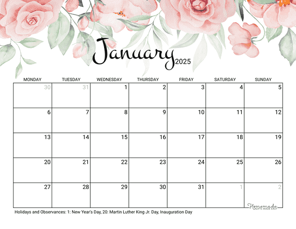 January Calendar 2025 Printable Rose Monday Start