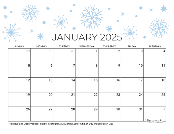 January Calendar 2025 Printable Winter Snowflakes Landscape