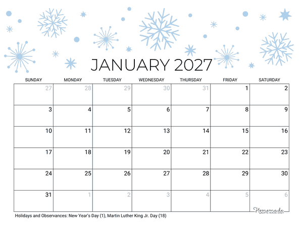 2027 Printable Calendar