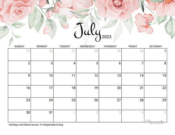 July Calendar Free Printable with Holidays