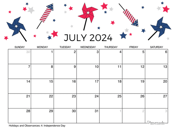 Cute July 2024 Calendar With Holidays