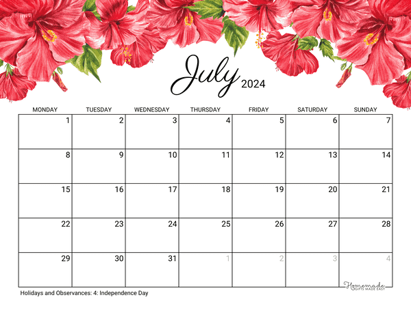 July Calendar 2024 Printable Hibiscus Monday Start