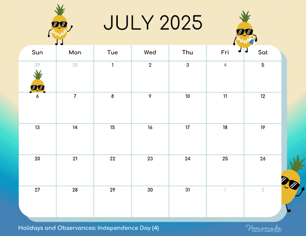 July Calendar 2025 Cute Summer Pineapples